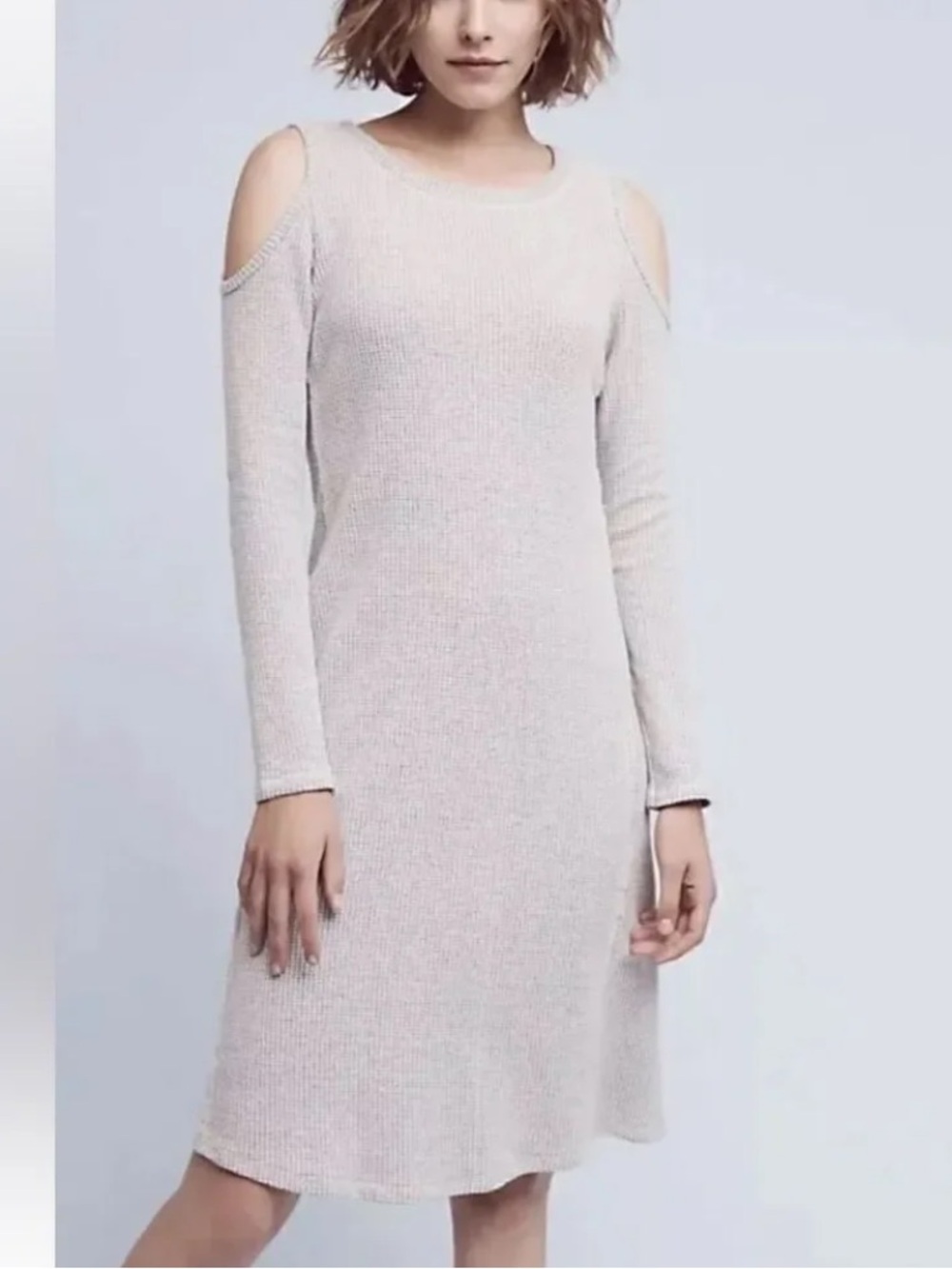Anthropologie thermal waffle knit Gray Apres Open-Shoulder Dress Sol Angeles S